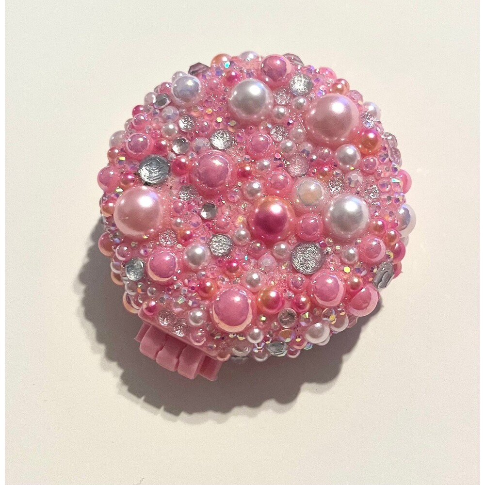 Pink bedazzled compact mirror/brush, pearl bling brush, rhinestone brush,